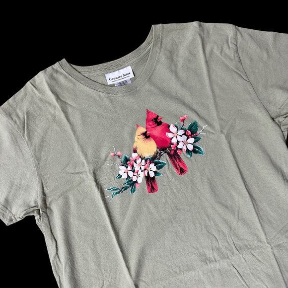 Sage Green T Shirt Cardinals Birds Flowers Size XL Cottage Nature Botanical - Picture 1 of 7